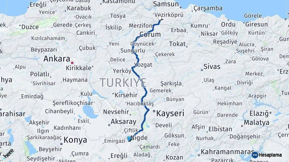 Niğde Havza Samsun Arası Kaç Km - Yol Haritası