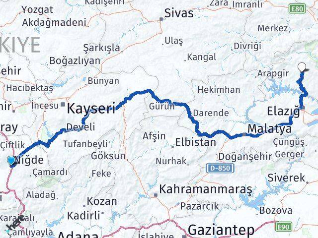 Niğde Hozat Tunceli Arası Kaç Km - Yol Haritası