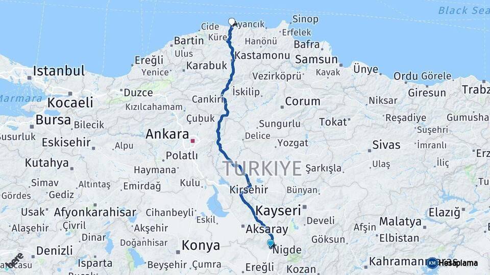 Niğde İnebolu Kastamonu Arası Kaç Km - Yol Haritası