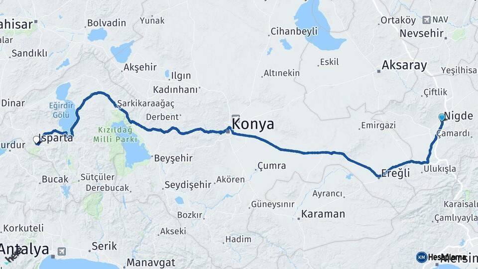 Niğde Isparta Arası Kaç Km - Yol Haritası