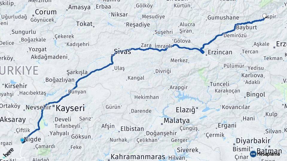 Niğde İspir Erzurum Arası Kaç Km - Yol Haritası