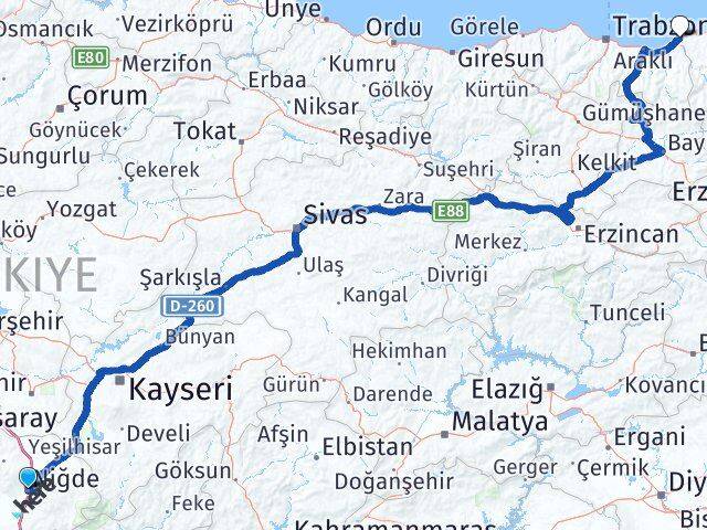 Niğde İyidere Rize Arası Kaç Km - Yol Haritası