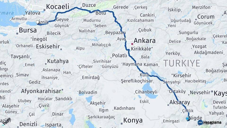 Niğde İznik Bursa Arası Kaç Km - Yol Haritası