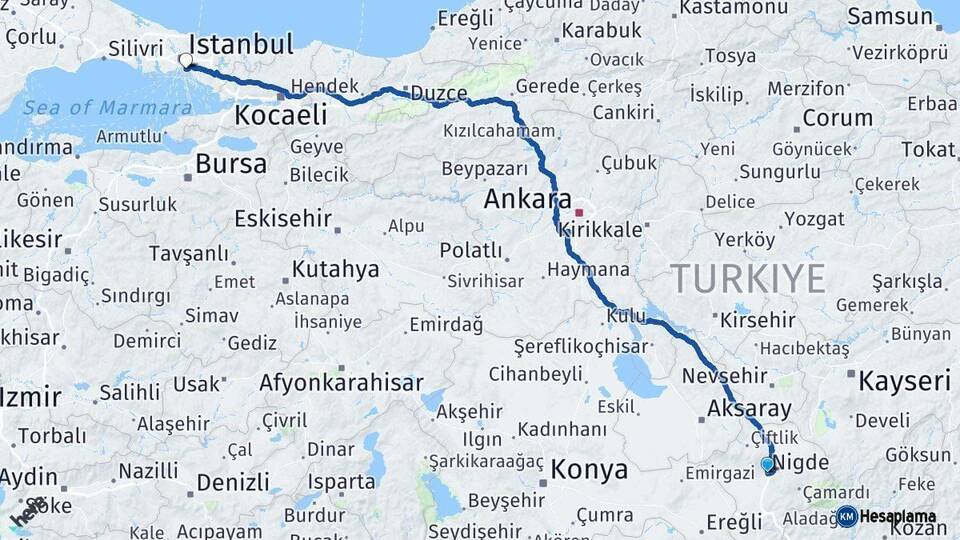Niğde Kadıköy İstanbul Arası Kaç Km - Yol Haritası