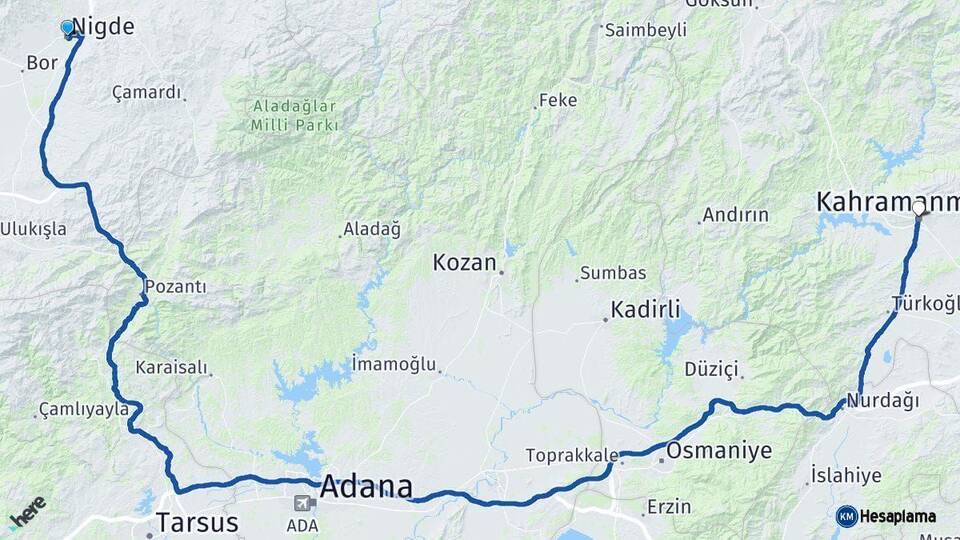 Niğde Kahramanmaraş Arası Kaç Km - Yol Haritası