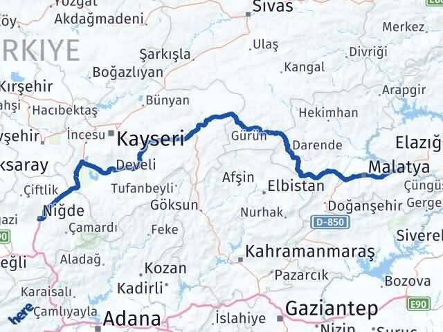 Niğde Kale Malatya Arası Kaç Km - Yol Haritası
