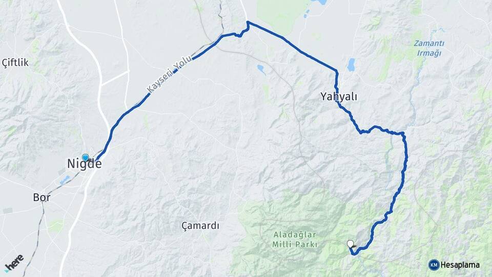 Niğde Kapuzbaşı Yahyalı Kayseri Arası Kaç Km - Yol Haritası
