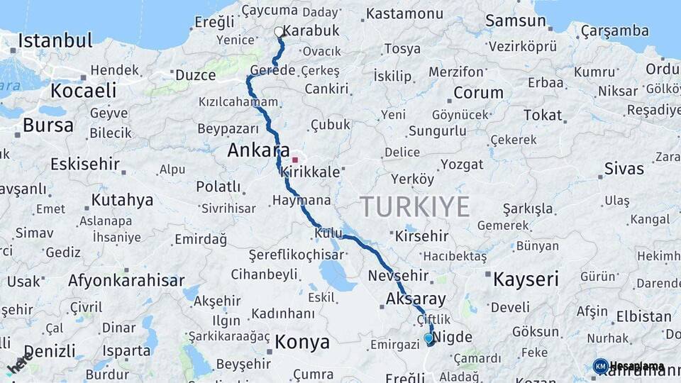 Niğde Karabük Arası Kaç Km - Yol Haritası