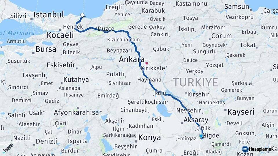 Niğde Karasu Sakarya Arası Kaç Km - Yol Haritası