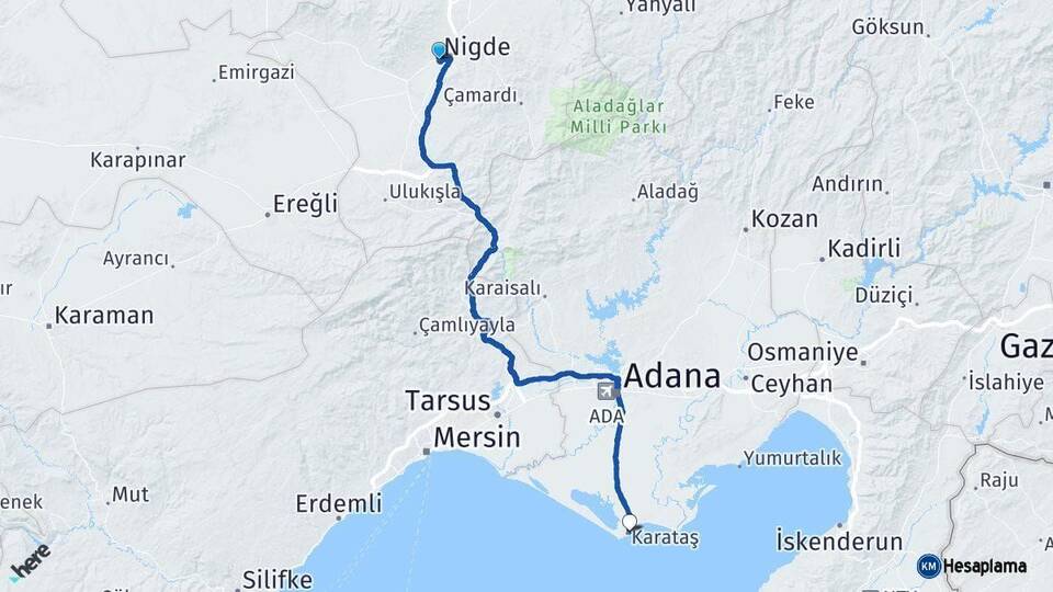 Niğde Karataş Adana Arası Kaç Km - Yol Haritası