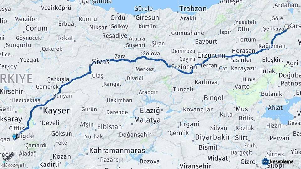 Niğde Kars Arası Kaç Km - Yol Haritası