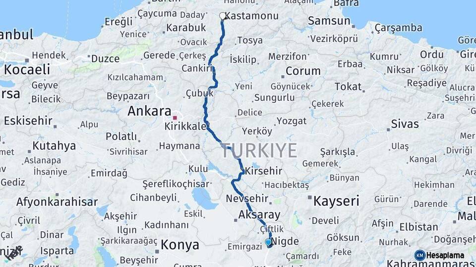 Niğde Kastamonu Arası Kaç Km - Yol Haritası