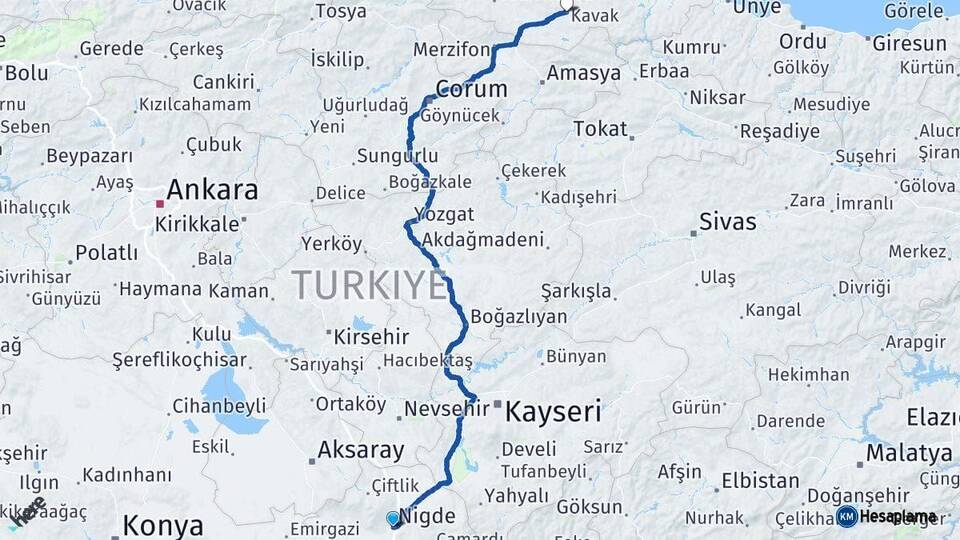 Niğde Kavak Samsun Arası Kaç Km - Yol Haritası