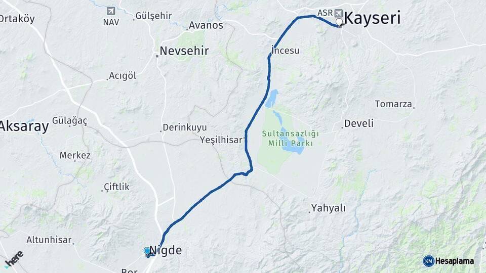 Niğde Kayseri Arası Kaç Km - Yol Haritası
