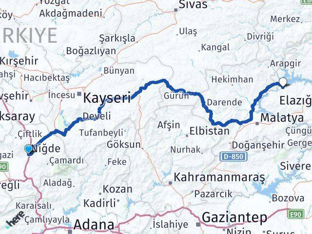 Niğde Keban Elazığ Arası Kaç Km - Yol Haritası