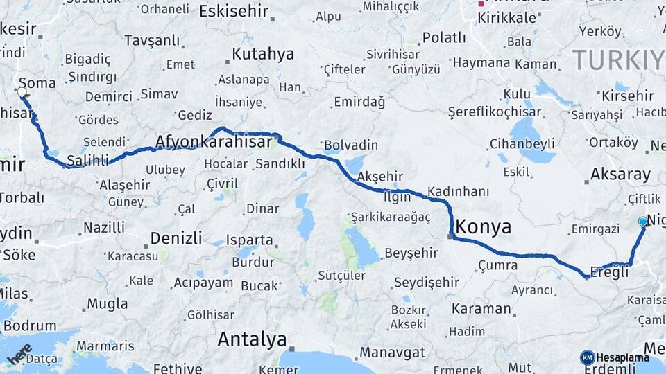 Niğde Kırkağaç Manisa Arası Kaç Km - Yol Haritası