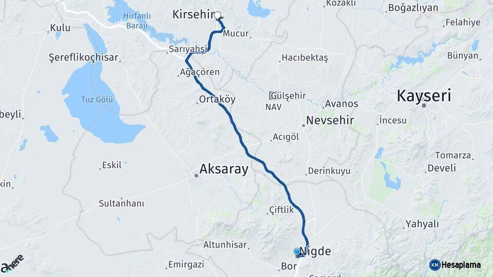 Niğde Kırşehir Arası Kaç Km - Yol Haritası