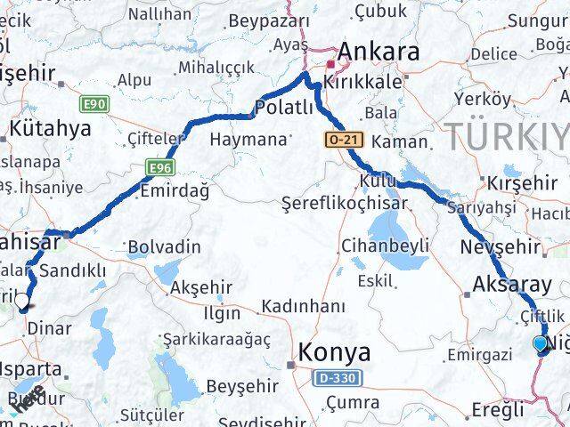 Niğde Kızılören Afyonkarahisar Arası Kaç Km - Yol Haritası