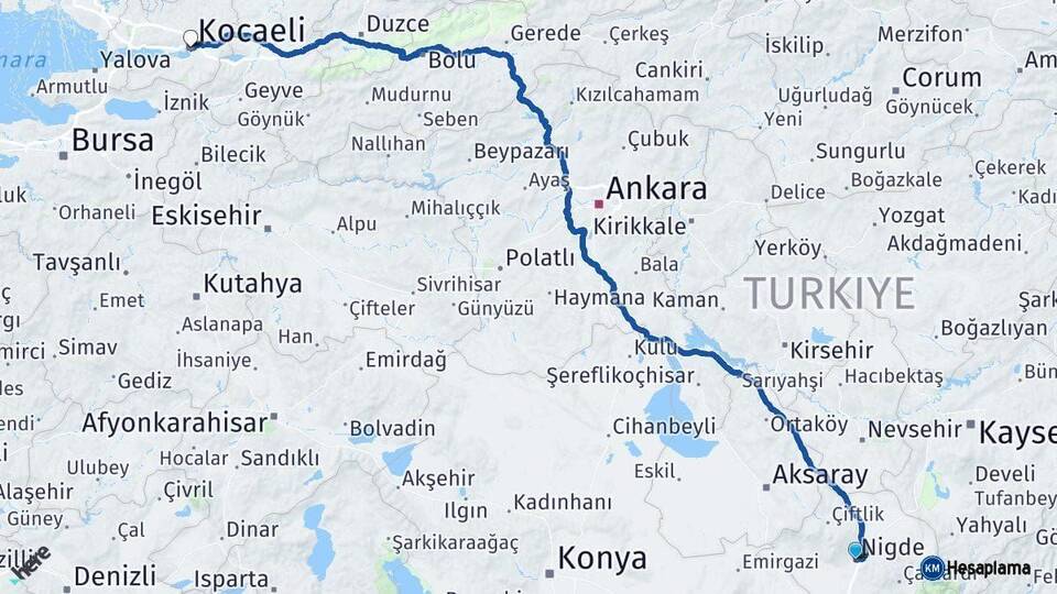 Niğde Kocaeli Arası Kaç Km - Yol Haritası