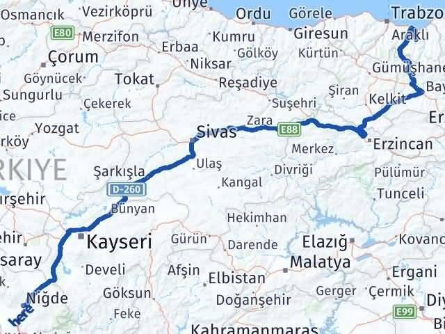Niğde Köprübaşı Trabzon Arası Kaç Km - Yol Haritası