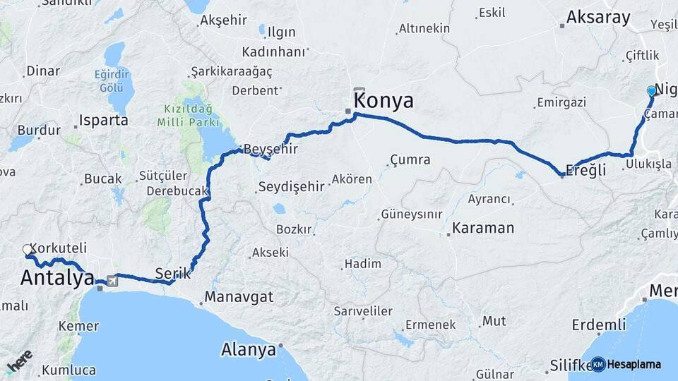 Niğde Korkuteli Antalya Arası Kaç Km - Yol Haritası