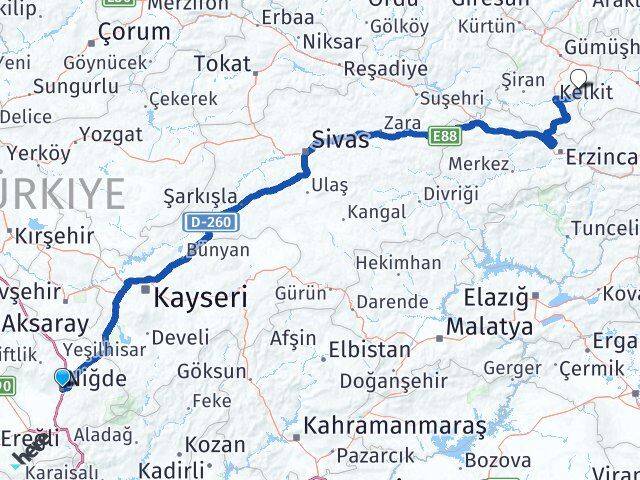 Niğde Köse Gümüşhane Arası Kaç Km - Yol Haritası