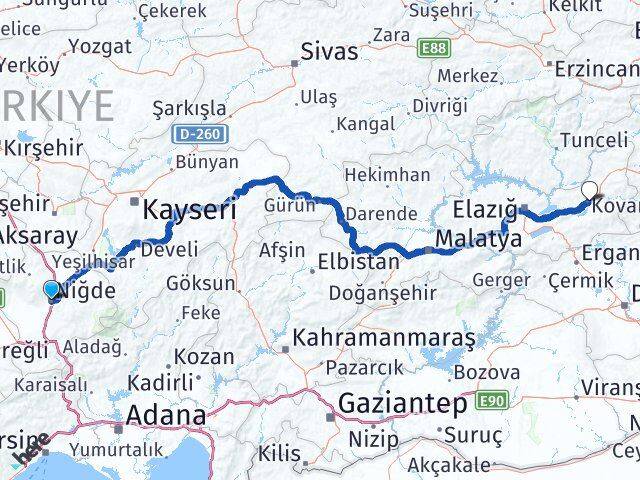Niğde Kovancılar Elazığ Arası Kaç Km - Yol Haritası