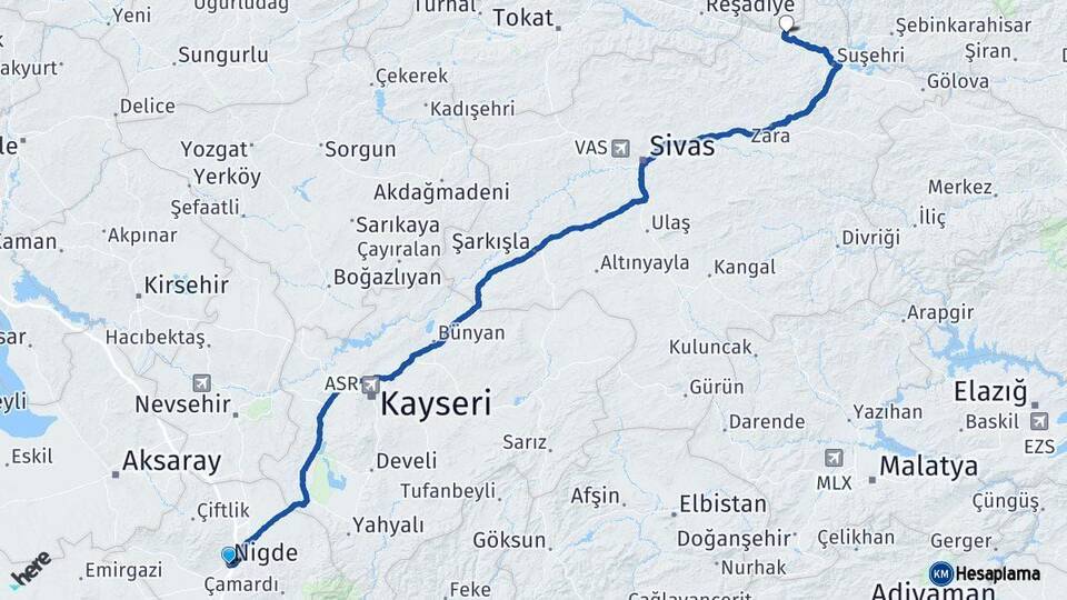 Niğde Koyulhisar Sivas Arası Kaç Km - Yol Haritası