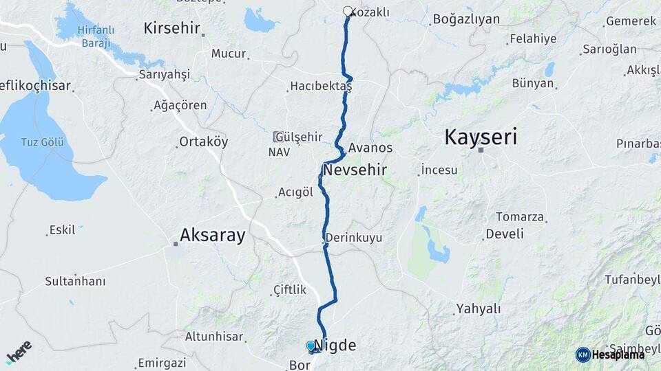 Niğde Kozaklı Nevşehir Arası Kaç Km - Yol Haritası