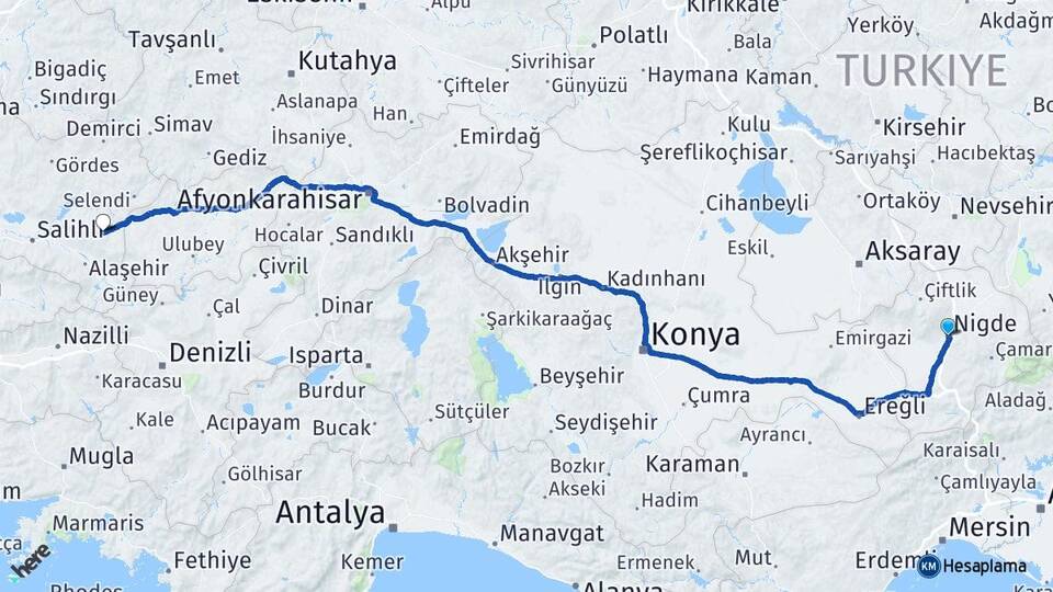 Niğde Kula Manisa Arası Kaç Km - Yol Haritası