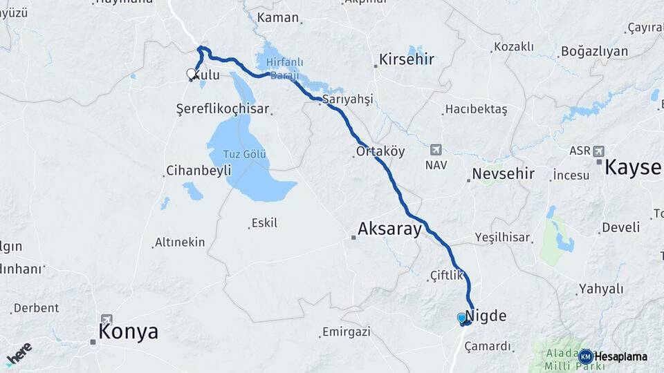 Niğde Kulu Konya Arası Kaç Km - Yol Haritası