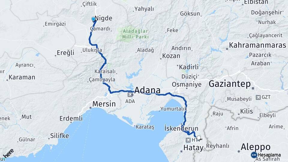 Niğde Kumlu Hatay Arası Kaç Km - Yol Haritası