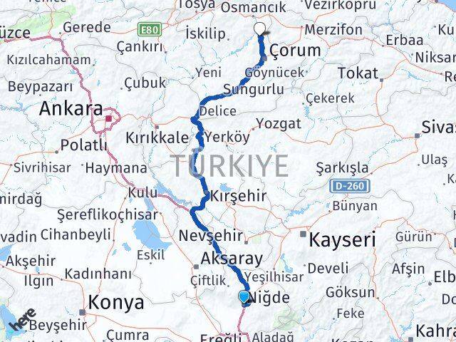 Niğde Laçin Çorum Arası Kaç Km - Yol Haritası