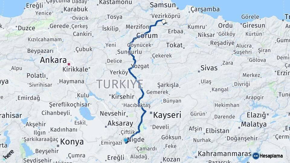 Niğde Ladik Samsun Arası Kaç Km - Yol Haritası