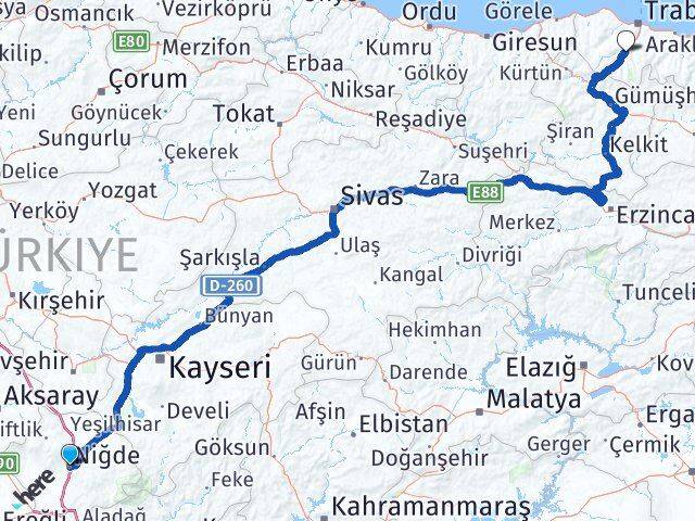 Niğde Maçka Trabzon Arası Kaç Km - Yol Haritası