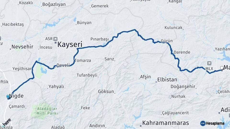 Niğde Malatya Arası Kaç Km - Yol Haritası