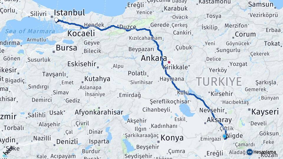 Niğde Maltepe İstanbul Arası Kaç Km - Yol Haritası