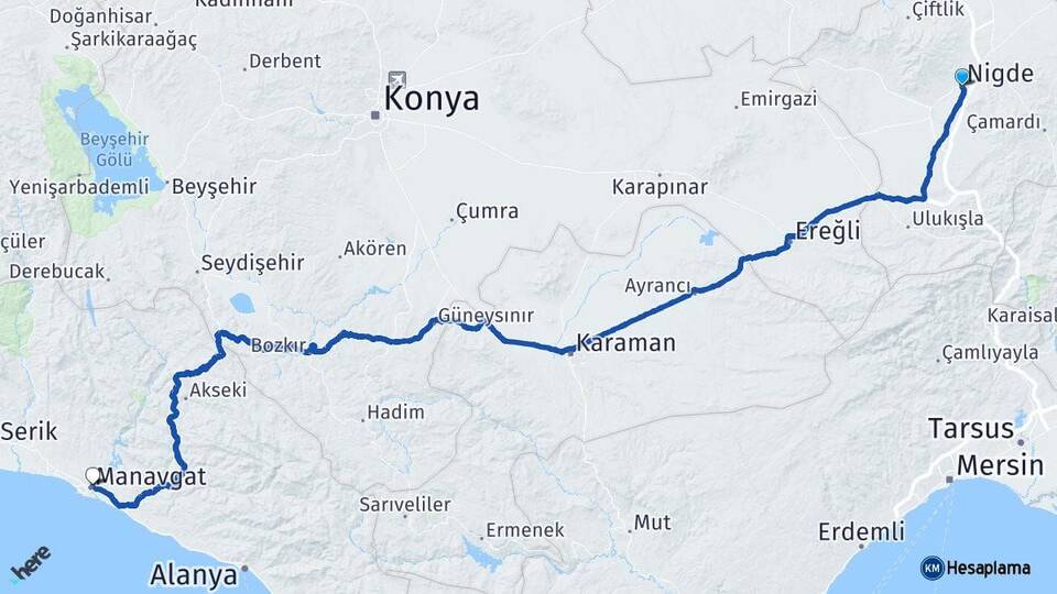 Niğde Manavgat Antalya Arası Kaç Km - Yol Haritası