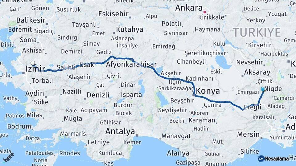 Niğde Manisa Arası Kaç Km - Yol Haritası