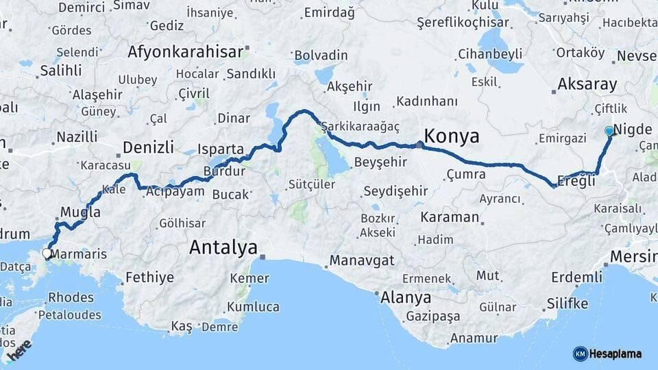 Niğde Marmaris Muğla Arası Kaç Km - Yol Haritası