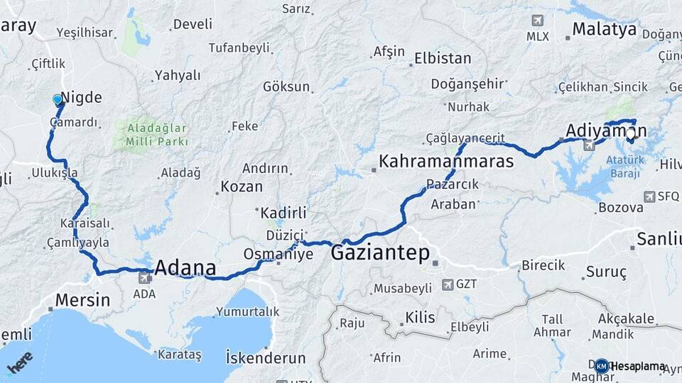 Niğde Menzil Kahta Adıyaman Arası Kaç Km - Yol Haritası