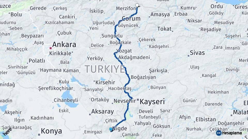 Niğde Merzifon Amasya Arası Kaç Km - Yol Haritası