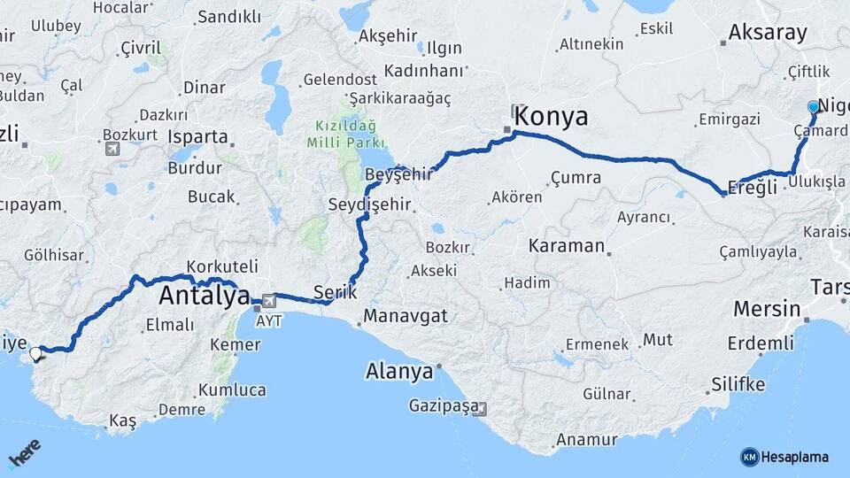 Niğde Ölüdeniz Fethiye Muğla Arası Kaç Km - Yol Haritası