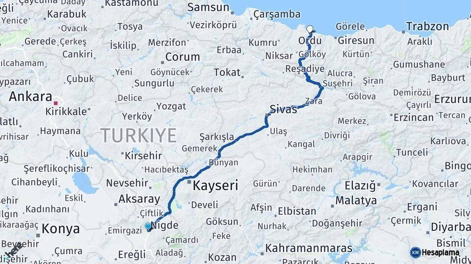 Niğde Ordu Arası Kaç Km - Yol Haritası