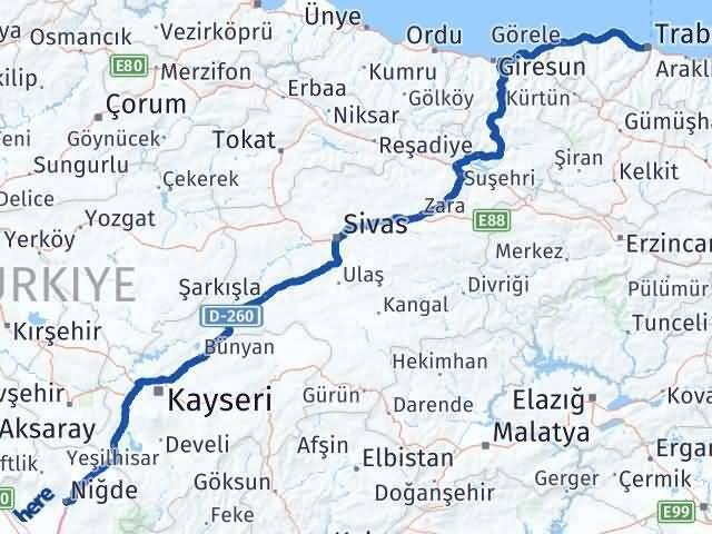 Niğde Ortahisar Trabzon Arası Kaç Km - Yol Haritası