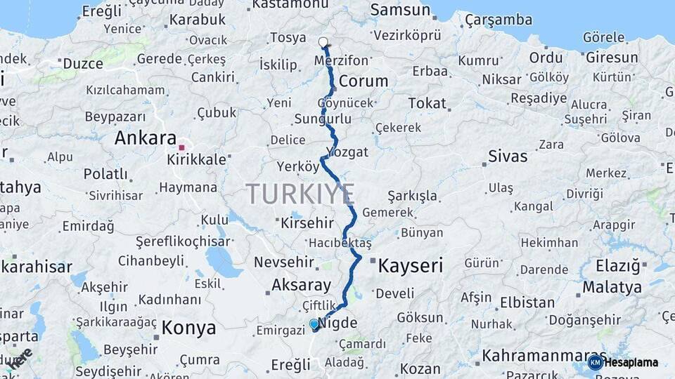 Niğde Osmancık Çorum Arası Kaç Km - Yol Haritası