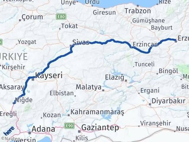 Niğde Palandöken Erzurum Arası Kaç Km - Yol Haritası