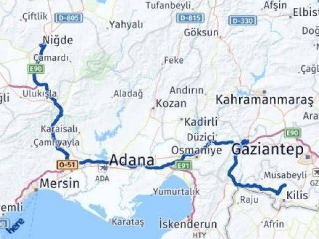 Niğde Polateli Kilis Arası Kaç Km - Yol Haritası