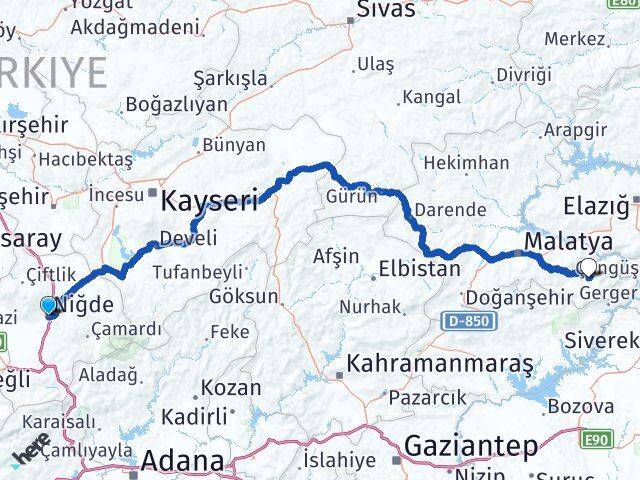 Niğde Pütürge Malatya Arası Kaç Km - Yol Haritası