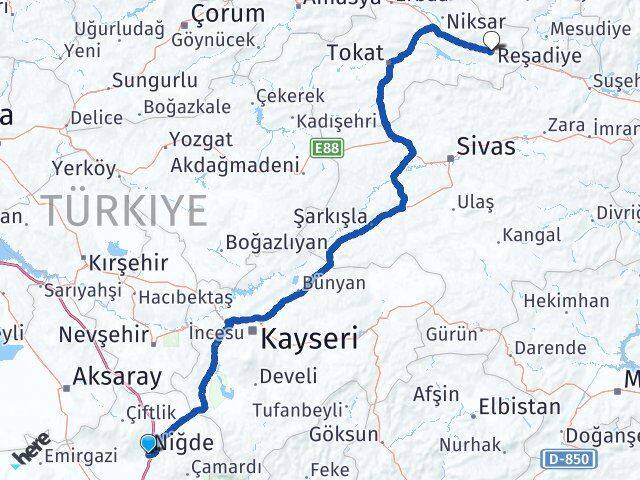 Niğde Reşadiye Tokat Arası Kaç Km - Yol Haritası